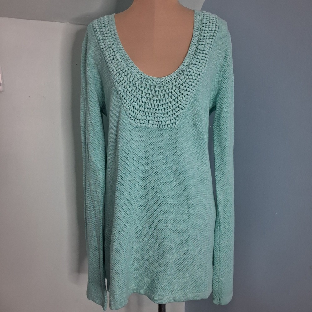 Lilly Pulitzer Aqua Blue Crochet Neck Knit Sweater Wool Blend Bell Sleeve Large